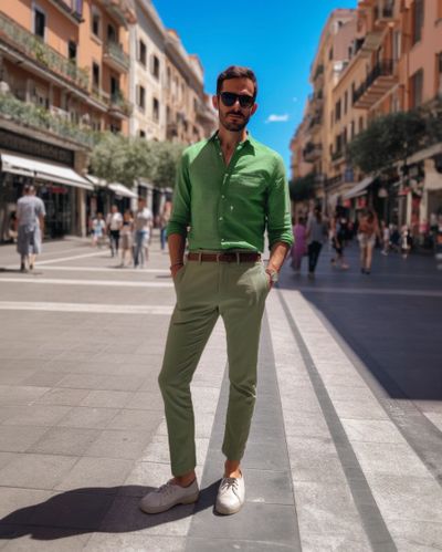 Green Shirt with Sage Green Linen Trousers